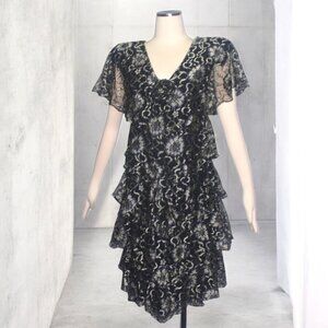1980s Glam Holly's Harp Ruffled Lace Dress Black Light Gold Tiered Party Dress S